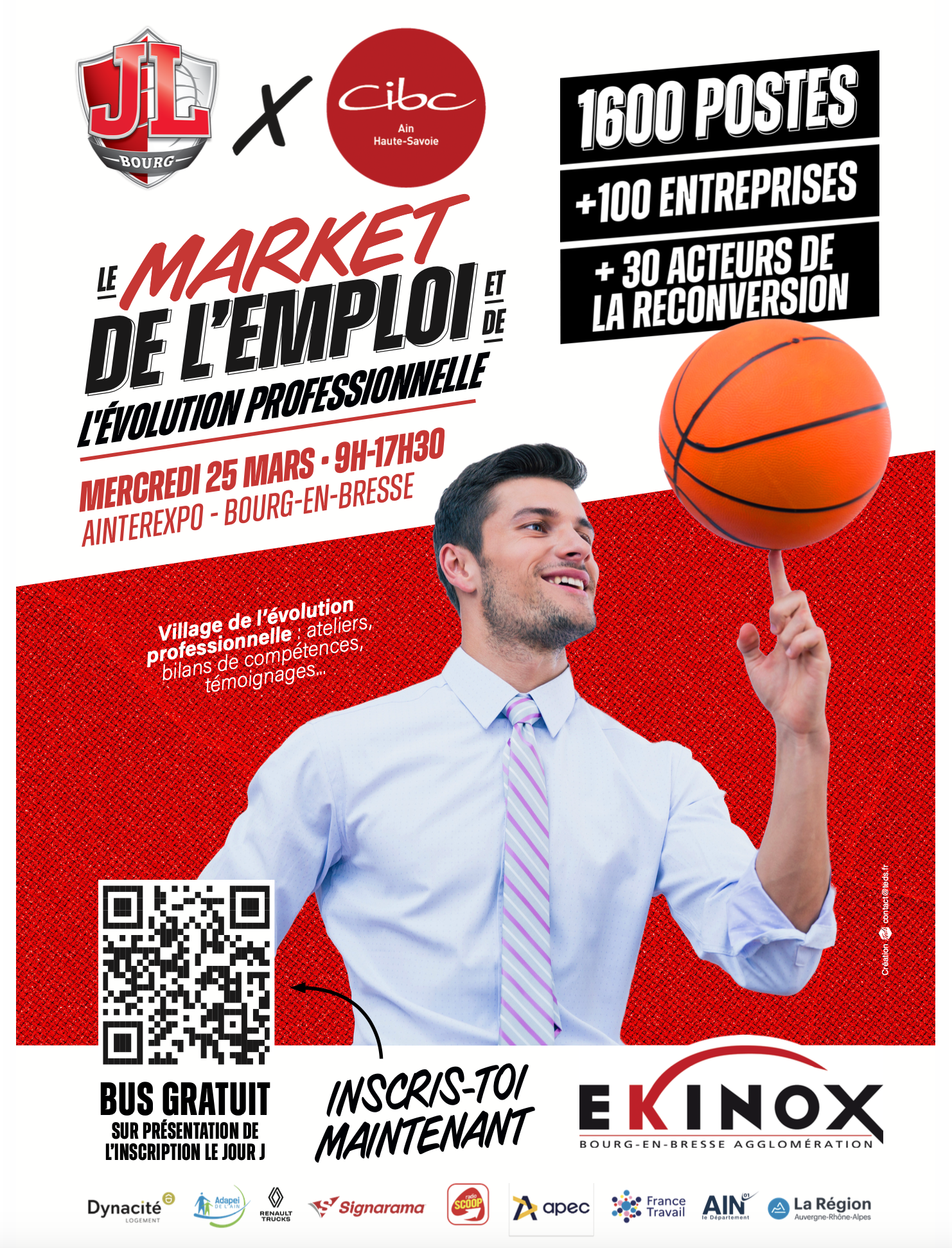 Affiche d’un forum emploi à Bourg-en-Bresse : un homme en chemise fait tourner un ballon de basket, avec les informations sur l’événement (date, lieu, 1600 postes, 100 entreprises, QR code d’inscription).