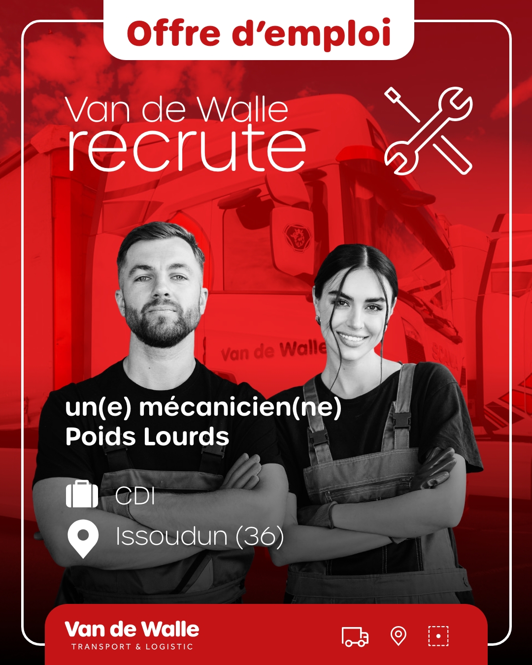 Affiche de recrutement Transports Van de Walle pour un poste de mécanicien poids lourds en CDI à Issoudun, avec deux techniciens devant un camion.